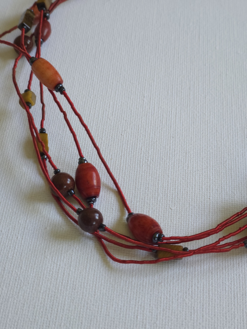 Red Multi-Strand Beaded Necklace with Wood & Tiger Eye - Picture 3 of 7